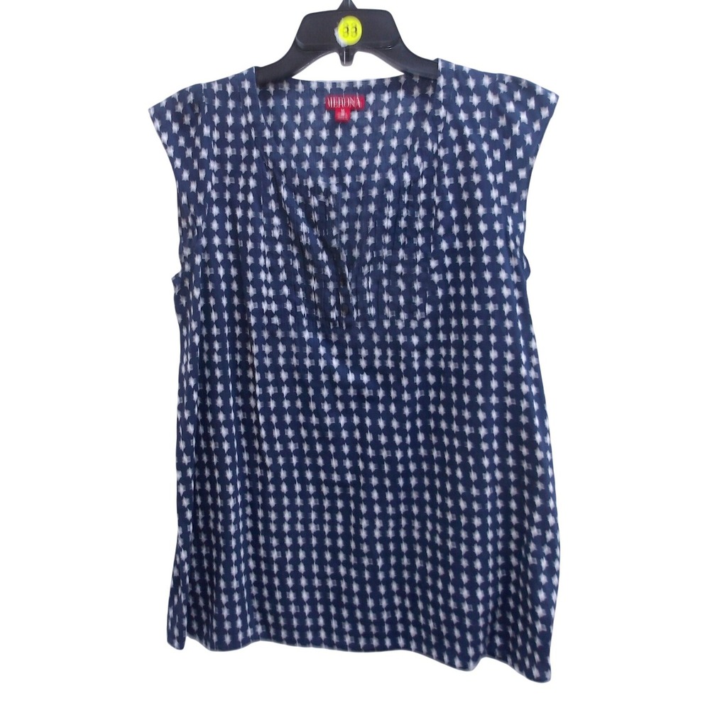 Merona Womens Medium Navy Blue White Geometric Split Neck Blouse Top /#26418‎